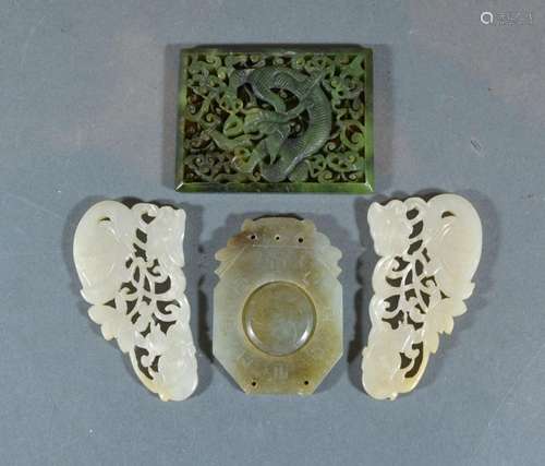 A Chinese Jade Small Panel together with a similar pair of Jade carvings and a rectangular pierced