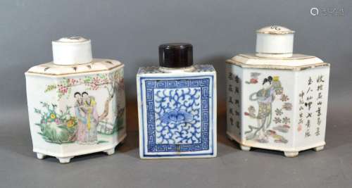 A Pair of Canton Hexagonal Tea Caddies Decorated in Polychrome enamels and script together with a
