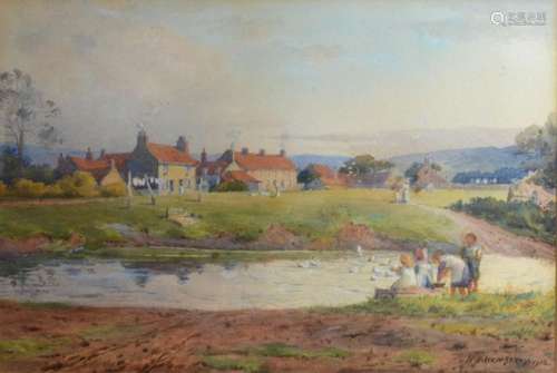 William H Atkin-Berry 'Children Before a Lake Feeding Ducks' signed and dated 1912 watercolour