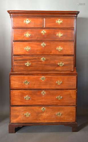 A George III Mahogany Chest on Chest, the moulded cornice above two short and six long graduated