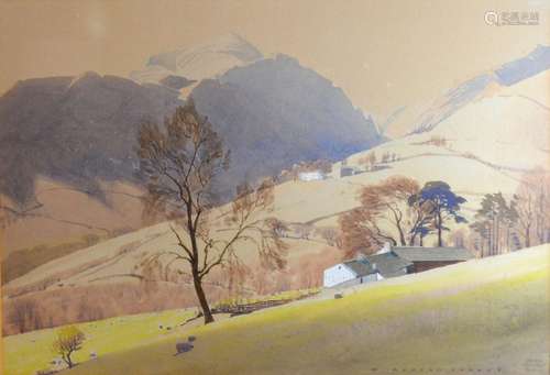 William Heaton Cooper 'Farm Buildings within a Mountainous Landscape' watercolour, signed 37cm x