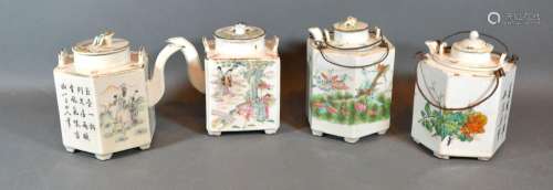 A 19th Century Canton Hexagonal Teapot together with three other similar