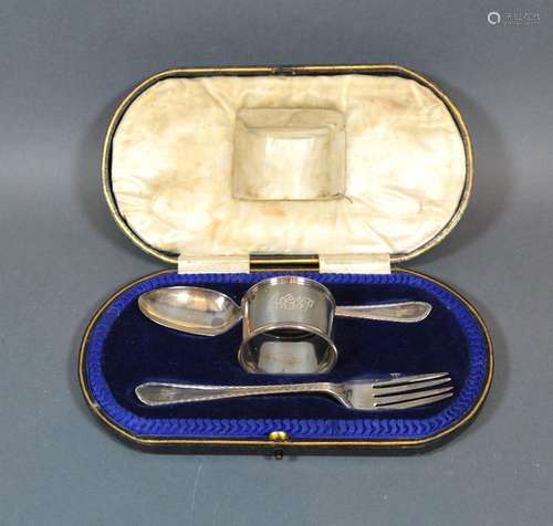 A Sheffield Silver three-piece Christening Set within fitted case