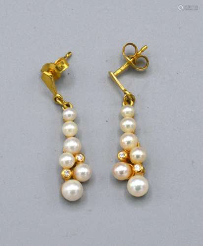 A Pair of 9ct. Gold Pearl and Diamond Set Drop Ear Studs