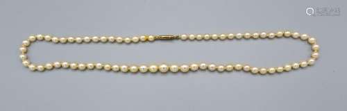 A Cultured Pearl Necklace with 9ct. Gold Clasp, 45 cms long