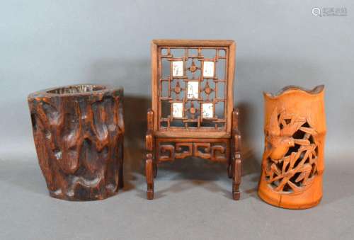 A Chinese Hardwood Small Screen inset five panels 21cm tall together with two Chinese brush pots