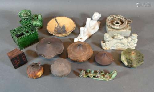 A Chinese Incense Holder in the form of a nut together with a collection of other related items