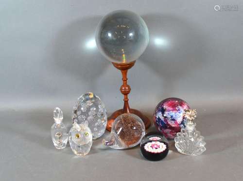 A Caithness Millefiori Glass Paperweight together with three other paperweights, two glass scent