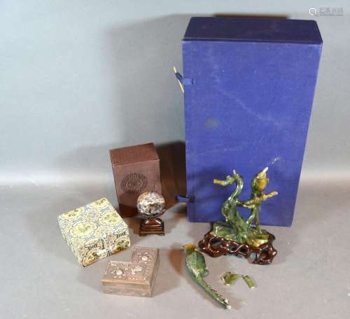 A Chinese Jade Carving in the Form of Birds with Hardwood Stand and Box together with a Chinese