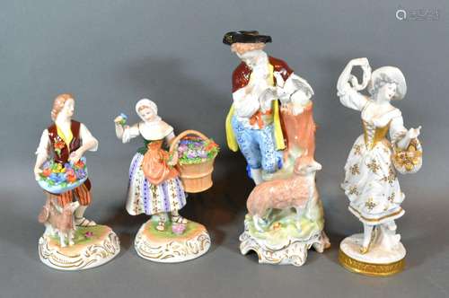 A German Porcelain Figure 'The Flower Seller' together with three other similar figures