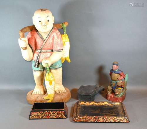 A Chinese Carved Figure With Polychrome Decoration together with a bronze pan, another carved figure