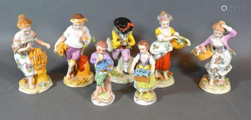 A Group of Five German Porcelain Figures together with a similar smaller pair of German porcelain