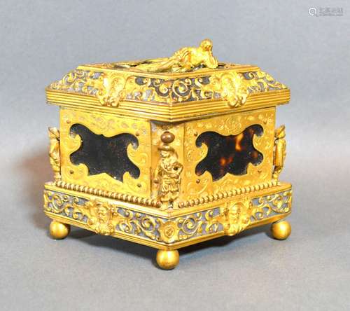 A 19th Century French Brass and Tortoiseshell Casket of Lozenge Form, the hinged cover with