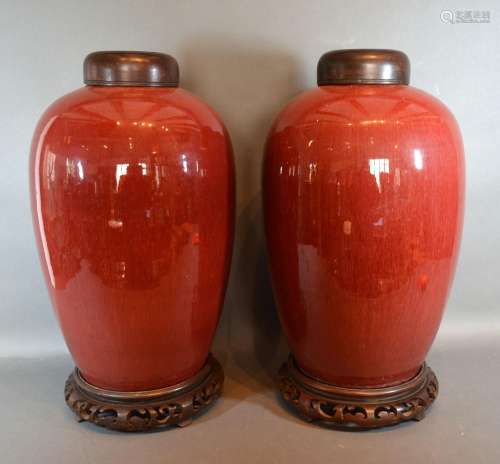 A Pair Of Late 18th / Early 19th Century Chinese Porcelain Red Glazed Large Jars each with a