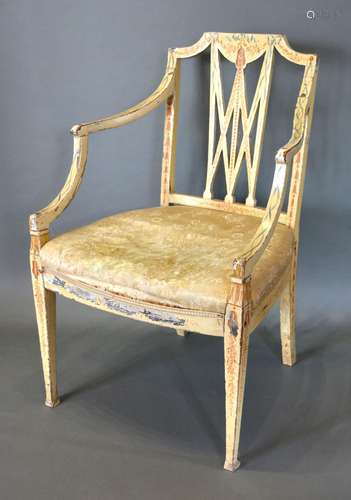 A Regency Painted Armchair with a splat back above an upholstered seat raised upon tapering legs