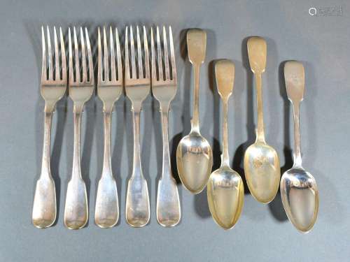 A Set of Five George III Silver Fiddle Pattern Table Forks, London 1819, maker's mark SR, together