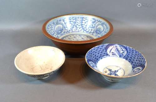 A Chinese Porcelain Bowl decorated in underglaze blue 27cm diameter together with two similar