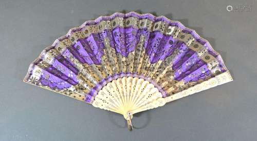 An Ivory and Bone Fan with Silver Wire and Silk Leaf decorated with sequins and with carved and