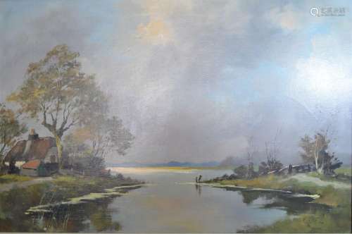 Lutz, Lake Scene with House in the Foreground, oil on canvas, 60 x 90cm together with A Herbe, a