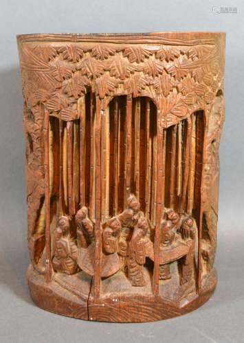 A 19th Century Chinese Bamboo Brush Pot hand carved with figures, 18 cms tall