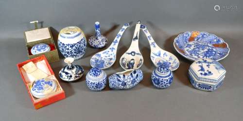 A Collection of Chinese Blue and White Ceramics to include a pair of miniature covered ginger