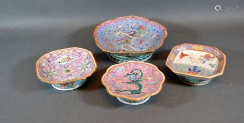 A 19th Century Chinese Pedestal Dish decorated in polychrome enamels together with three similar