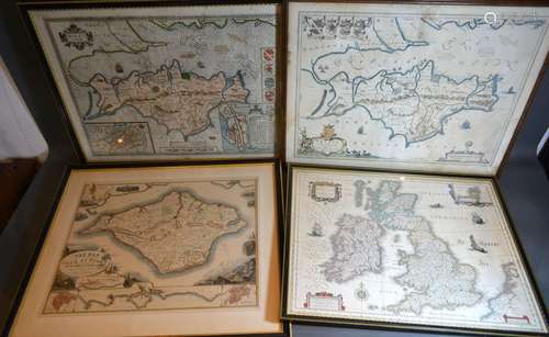 John Speed, An Early Coloured Map of the Isle of Wight 41cm x 54cm together with two other maps of