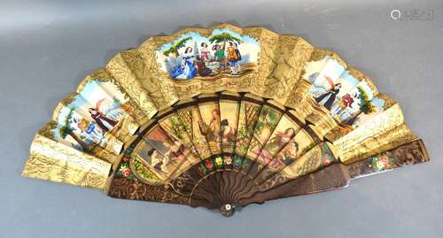 A 19th Century Fan with Hand Painted Paper Leaf depicting figures, the shaped wooden guards and