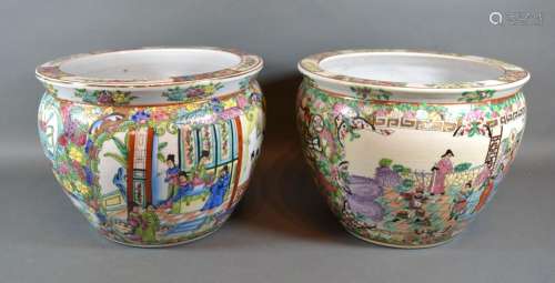 A Pair of 20th Century Chinese Fish Bowls, each decorated in polychrome enamels and highlighted with
