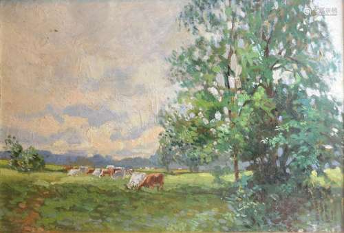 Frederick Roe 'Rural Landscape with Cattle' oil on board, 28cm x 38cm