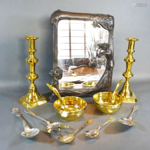 A Pair of Brass Candlesticks together with an Art Nouveau Style Table Mirror and various metal wares