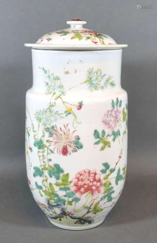 A 19th Century Chinese Porcelain Covered Jar decorated with famille rose with iron red four