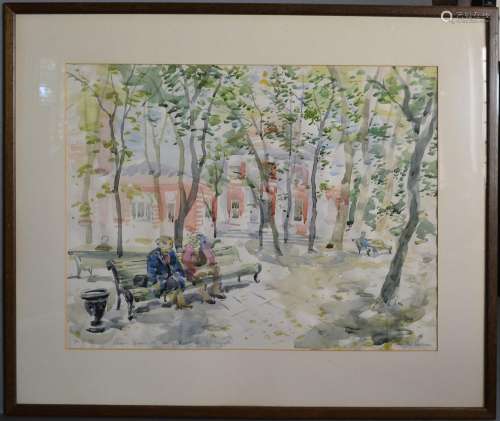 Tabitha Salmon, Shady Square by Trinity Church in Vishnyaki, Moscow, watercolour, signed and dated