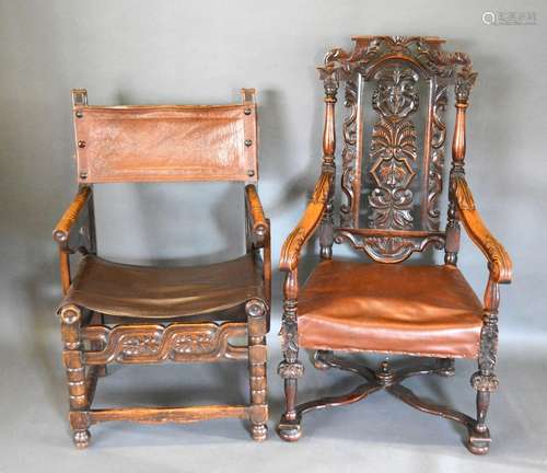 A Late 19th Early 20th Century Continental Oak Armchair together with a Victorian carved oak