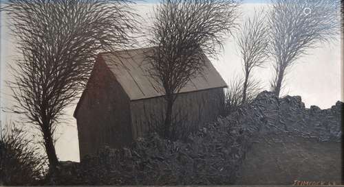 Jack Simcock 'Shed and Trees' Oil on Board, Signed and Dated 1968, 18cm x 34cm