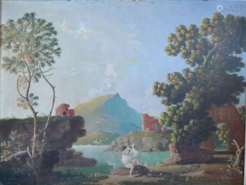 Attributed to Albert H Lucas, Lake Scene with Figure before Ruins, oil on board, signed, 76cm x 88cm