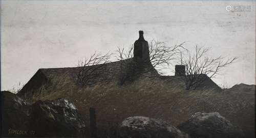 Jack Simcock 'Meadow Cottage' Oil on Board, Signed and Dated 1971 19.5cm x 34.5cm