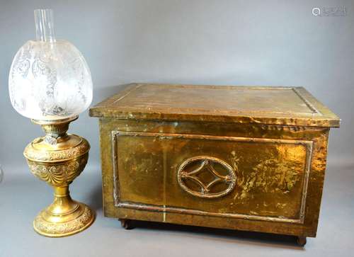 An Edwardian Brass Oil Lamp with opaque glass shade and chimney together with a brass coal purdonium