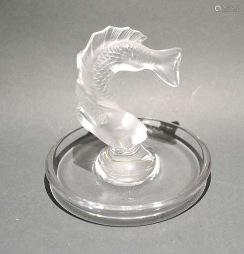 A Lalique Pin Tray mounted with a Fish, signed Lalique France, 9 cms tall