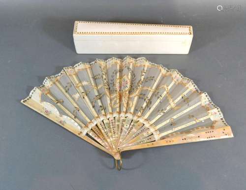 A Mother-Of-Pearl and Gauze Leaf Fan with sequin decorated mother-of-pearl guards and sticks and