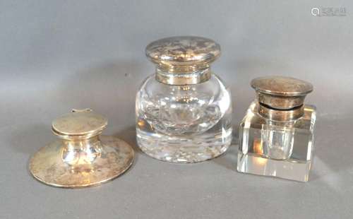 A Victorian Silver Topped and Heavy Glass Ink Well Birmingham 1888 together with a silver capstan