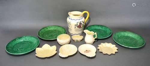 A Royal Doulton Sea Shanty Jug together with a small collection of Belleek and four Wedgwood leaf