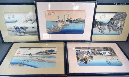 A Set of Five Chinese Watercolours, each depicting figures within landscapes and signed with script,