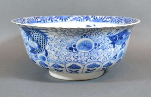 A 19th Century Chinese Porcelain Bowl decorated in underglaze blue with carp and a crab amongst