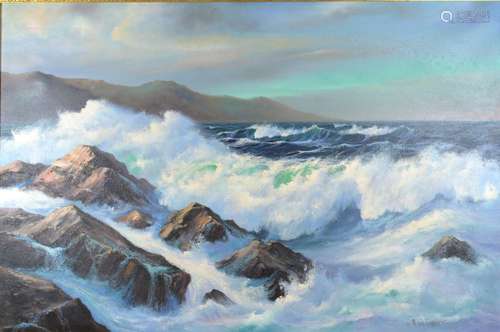 Peter Cosslett 'Crashing Waves over Rocks' Oil on Canvas signed 50 x 75 cms