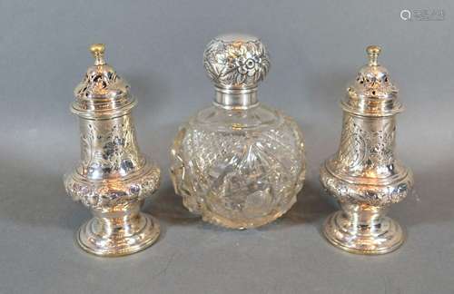 A Pair of Victorian Silver Peppers, London 1847, together with a silver and cut glass dressing table