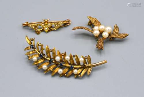 A 14ct. Gold Pearl Set Brooch together with two other similar yellow metal pearl set brooches, 12.