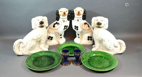 Two Pairs of Staffordshire Models of Spaniels together with a pair of Royal Doulton stoneware egg