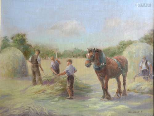 E Hunter 'Haymaking' Oil on Canvas, signed and dated 1991, 38 x 48 cms