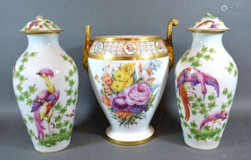 A Pair of Porcelain Covered Vases in the style of Chelsea together with a continental porcelain